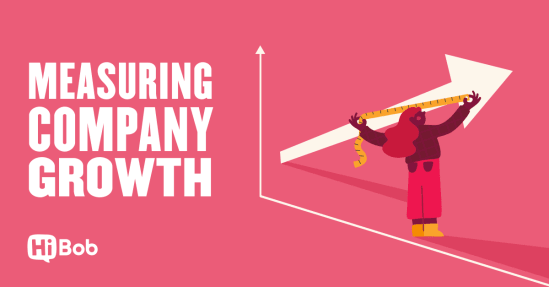 measuring company growth graphic with character holding measuring tape and upward arrow, HiBob brand representation