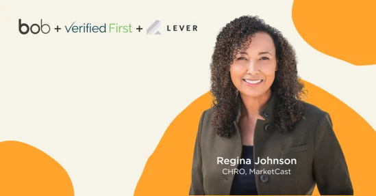 business branding with Regina Johnson, CHRO MarketCast, featuring logos of bob, Verified First, and Lever, Regina Johnson CHRO MarketCast with logos of bob, Verified First, and Lever
