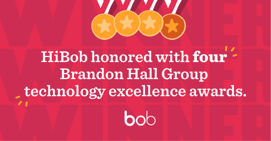 HiBob wins four Brandon Hall Group technology excellence awards on a vibrant red background with stars and bold text. , HiBob, BrandonHallGroup