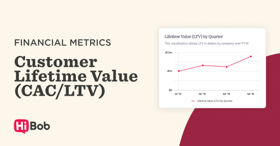 Financial metrics graph showing Customer Lifetime Value (LTV) trends across quarters in FY19 with HiBob branding. LTV, HiBob