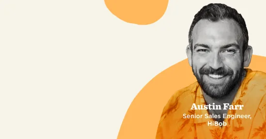 portrait of Austin Farr, Senior Sales Engineer at HiBob, smiling against a soft pastel background with orange shapes, professional headshot with vibrant background elements showcasing cheerful demeanor and professional role