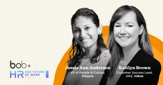 jessie ann andersen and kaitlyn brown speaking at HR and Future of Work event with orange graphic background, HR future of work event with speakers bob+ branding