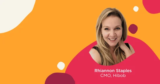 Rhiannon Staples portrait on vibrant orange background with colorful shapes, highlighting her role as CMO at Hibob. , RhiannonStaples, CMOHibob