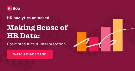 Hi Bob logo, colorful bar chart, engaging title on HR analytics, and a call-to-action button for on-demand viewing. HR analytics, data visualization