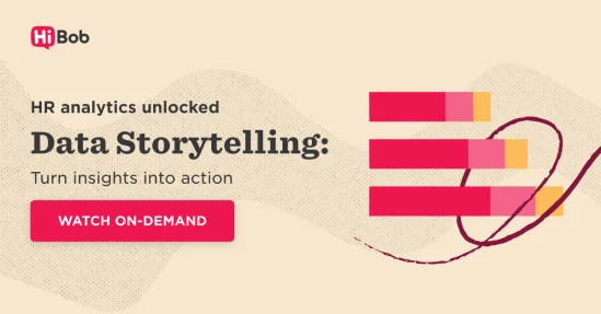 HR analytics promo featuring colorful data visualization bars and a call to action for on-demand viewing. , HiBob, DataStorytelling