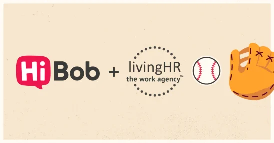 HiBob logo, livingHR agency text, baseball icon, and glove graphic on a textured beige background., branding, partnership