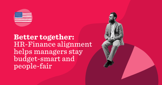 HR-Finance alignment promotes effective management; features a poised man in professional attire on a vibrant pink background. flag, budget-smart