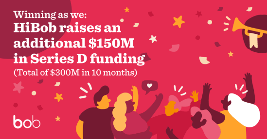HiBob raises $150M in Series D funding amidst a celebratory background with colorful confetti and joyful people., celebration, fundingannouncement