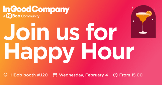 Happy Hour invitation at HiBob booth #J20 on February 4, featuring a cocktail graphic and vibrant gradient background. happy-hour, hibob-booth