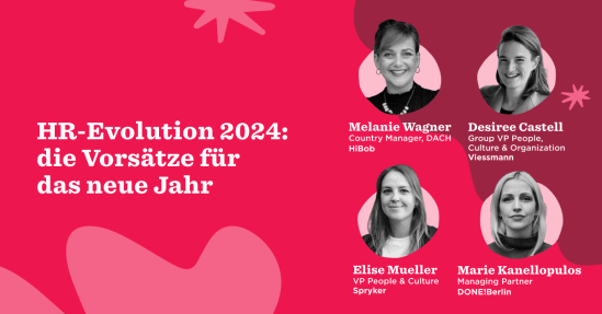 HR-Evolution 2024 event featuring four female leaders on a vibrant pink background with engaging graphics., Female leaders at HR-Evolution 2024 discussing new year goals on a bright pink backdrop.