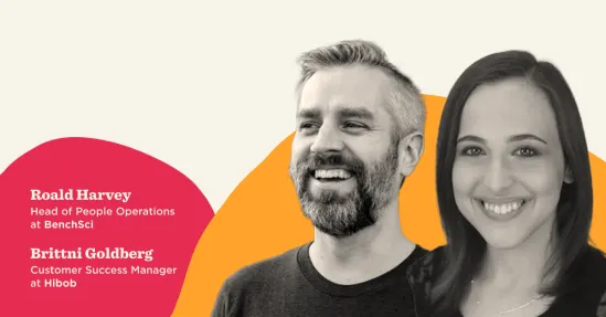 Roald Harvey and Brittni Goldberg smiling, representing BenchSci and Hibob, against a colorful background., RoaldHarvey, BrittniGoldberg