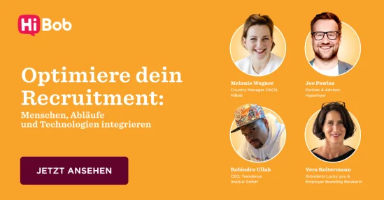 Hi Bob logo, Recruitment optimization event with four industry leaders' portraits and key details in German text