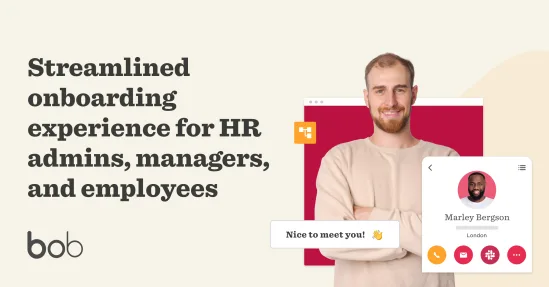 streamlined onboarding experience for HR, featuring a smiling man with a user profile interface, professional onboarding platform design