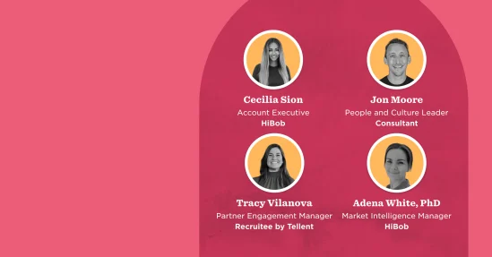 Cecilia Sion, Jon Moore, Tracy Vilanova, Adena White, PhD featured in circular frames on a pink background, Professional profiles of team members from HiBob and Recruitive by Tellent.