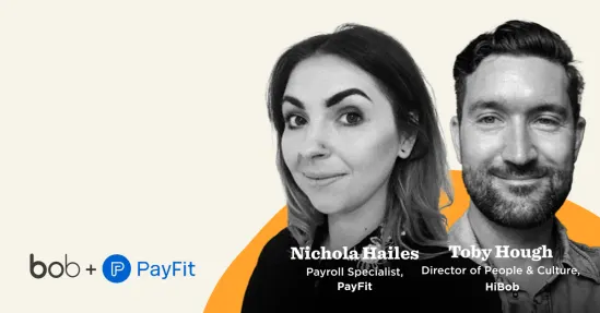 Nichola Haile and Toby Hough featured with their titles, logos of bob and PayFit, on an orange accent background. nichola-haile-payfit, toby-hough-hibob