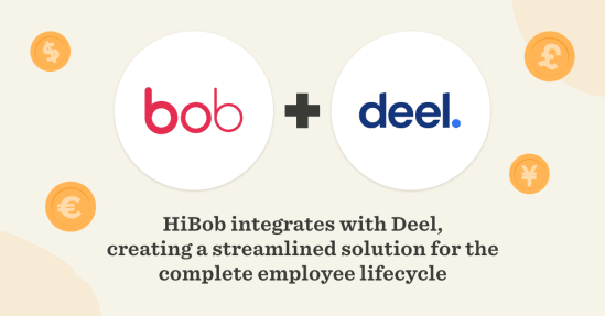 HiBob and Deel logos integrating for employee lifecycle solutions, with currency symbols indicating a global context., HiBob, Deel