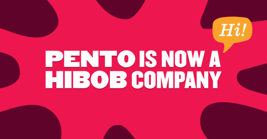 Pento joins Hibob, vibrant pink background with dynamic shapes, bold text, and cheerful greeting bubble. Pento, Hibob