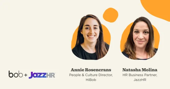Annie Rosensancrans and Natasha Molina headshots with logos of HiBob and JazzHR on a light background. Professional context. Annie Rosensancrans, Natasha Molina
