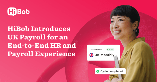 HiBob UK Payroll launch, smiling woman with tablet, colorful background, promoting end-to-end HR solution., HiBob payroll announcement, employee engagement, HR technology.