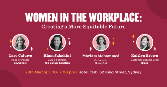 women in the workplace event poster with speaker profiles, date, time, and venue listed in Sydney, empowerment equity networking event