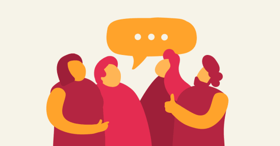 group of illustrated people engaging in conversation with a speech bubble above, colorful characters sharing thoughts and ideas