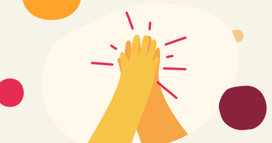 hands clapping in celebration, colorful abstract background with circular patterns and shapes