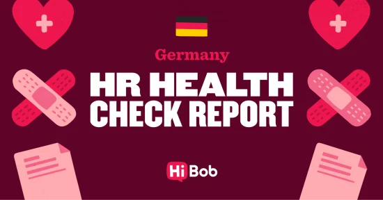 HR Health Check Report for Germany with health symbols and HiBob branding on a burgundy background. , Germany, HiBob