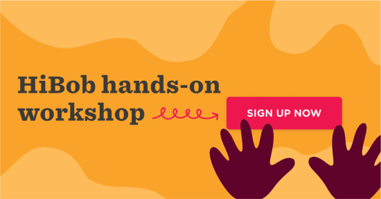 HiBob hands-on workshop promotional graphic with vibrant orange background and call-to-action button 