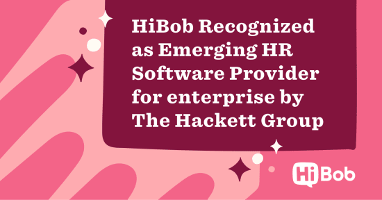 HiBob HR Software recognition by The Hackett Group, colorful design with pink and maroon background elements., HiBob, HRSoftwareRecognition