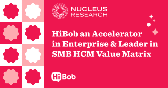 HiBob, Nucleus Research SMB HCM Value Matrix Leader with vibrant graphics and prominent branding elements.