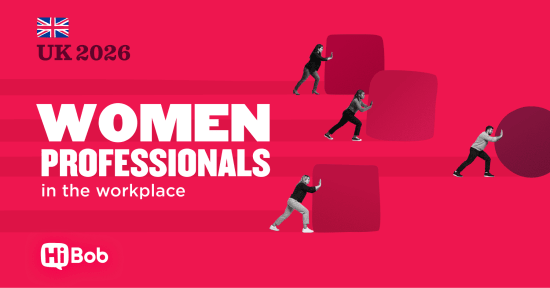 women professionals in the workplace UK 2026 illustration with dynamic figures pushing shapes on a vibrant pink background, HiBob branding