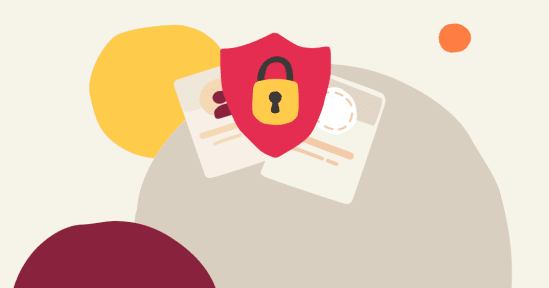 secure identity cards with a shield symbol for protection against fraud and identity theft, colorful abstract shapes in background