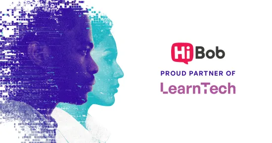 digital graphic with two profiles, HiBob logo, and LearnTech partnership, abstract technology theme and modern design elements