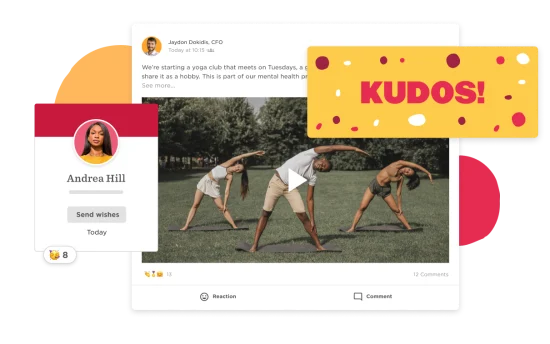 yoga club announcement post with three people practicing yoga outdoors and a vibrant "KUDOS!" graphic, user profile with name and reactions