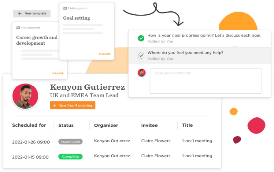 goal setting interface, 1-on-1 meeting details with Kenyon Gutierrez, highlighting tracking and comments features