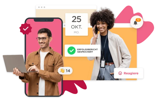 person using laptop on mobile screen, woman on phone with notifications and calendar date displayed