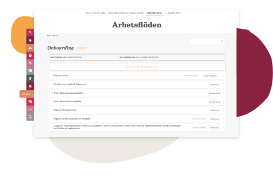 Onboarding interface with tasks for users, featuring a search bar and checkboxes for completion. Clean design and navigation. Arbetsflöden, Onboarding interface