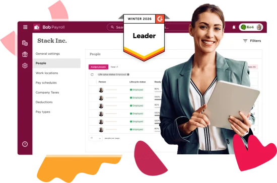 Stack Inc. payroll interface showcasing an engaged professional with tablet, highlighting employee lifecycle statuses and a leaderboard. Stack Inc., Leader