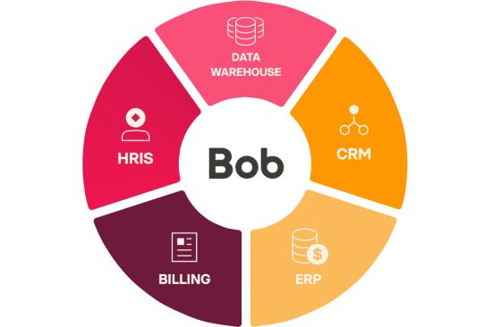 HRIS, Billing, CRM, ERP, and Data Warehouse components in a circular diagram labeled "Bob." Simplifies data management.