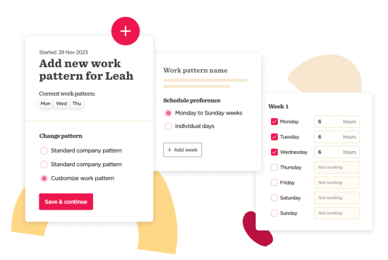 work pattern management interface for Leah, showing schedule preferences and work hours for the week, customizable work schedule options, user-friendly layout