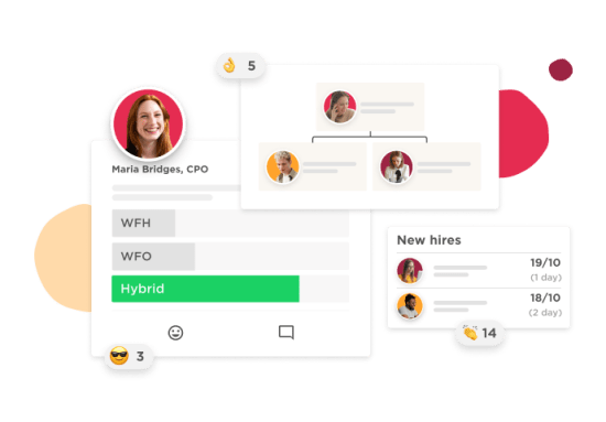 CPO profile with hybrid work status and organizational chart for new hires' performance evaluation, visual data on employee engagement metrics