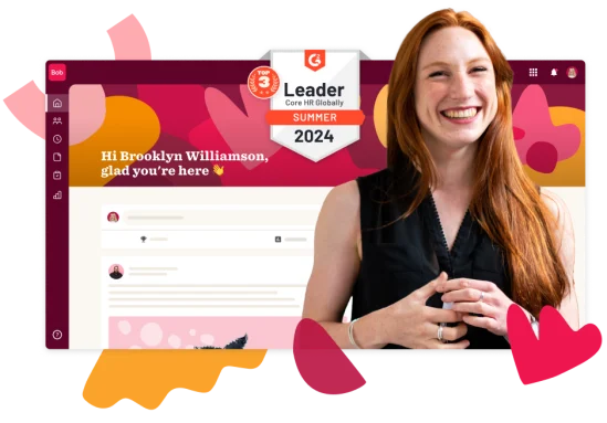 Happy woman smiling in front of a colorful interface, announcing HR platform's top global leader award for Summer 2024., Smiling woman with red hair displays HR software victory announcement in vibrant design.