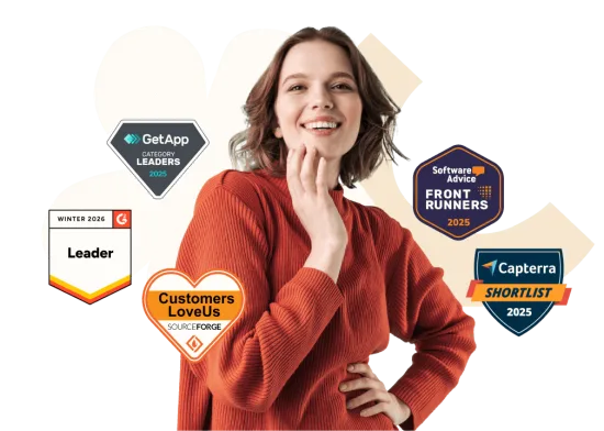happy woman showcasing software awards and badges including GetApp, Software Advice, and Capterra for 2025, product recognition, award-winning software