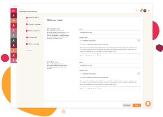 employee onboarding email template, welcome message details and subject fields for pre-boarding and start date communications