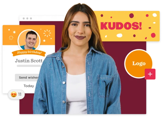 birthday celebration, female smiling with denim shirt and birthday graphic elements
