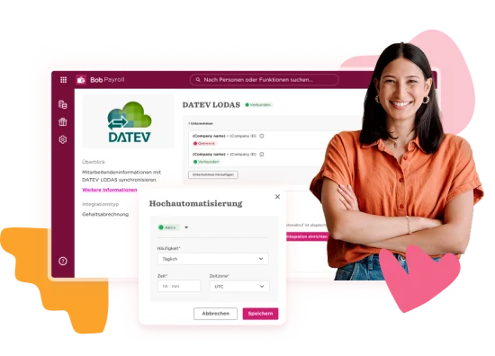 Bob Payroll interface showcasing DATEV integration, featuring a smiling woman in a casual shirt. User-friendly design elements. alt tags: DATEV Payroll Integration, Smiling Woman in Casual Shirt