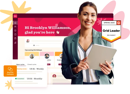 Payroll software interface with a professional woman holding a tablet, showcasing user engagement on the platform. Bob, Payroll Connect