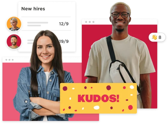 diverse new hires celebrating success with a "KUDOS!" banner, featuring a smiling woman and a man holding a bag, new hires progress displayed in the background