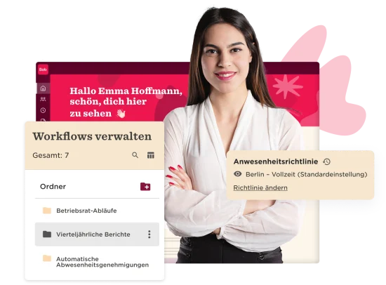Emma Hoffmann featured with workflow management interface showcasing tasks, visual elements, and a warm greeting from the platform. alt1:Emma Hoffmann greeting interface with workflow management details, alt2:Professional woman with task management application background and warm welcome message.