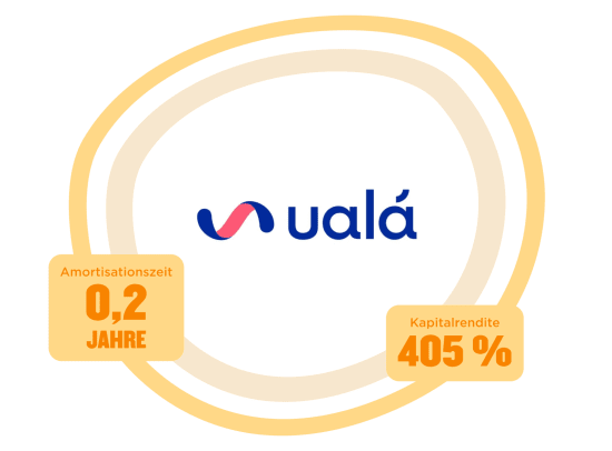 ualá logo with metrics: amortization time 0.2 years, capital return rate 405%, colorful circular design. , uala_logo, financial_metrics